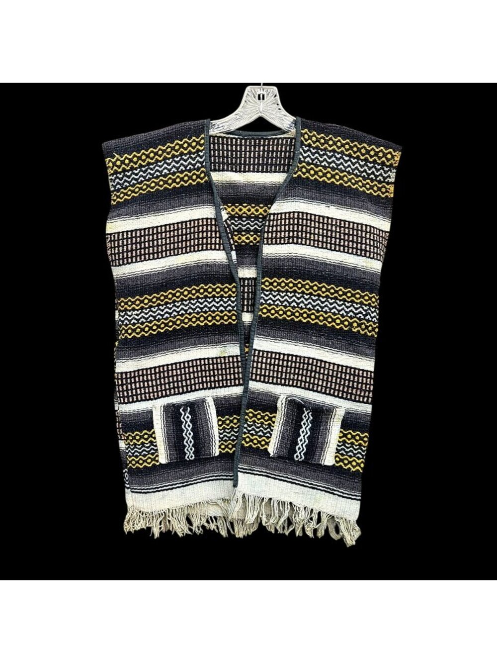 Vintage 50s 60s Hand Woven Mexican Natural Dye Serape Vest Fringe S/M